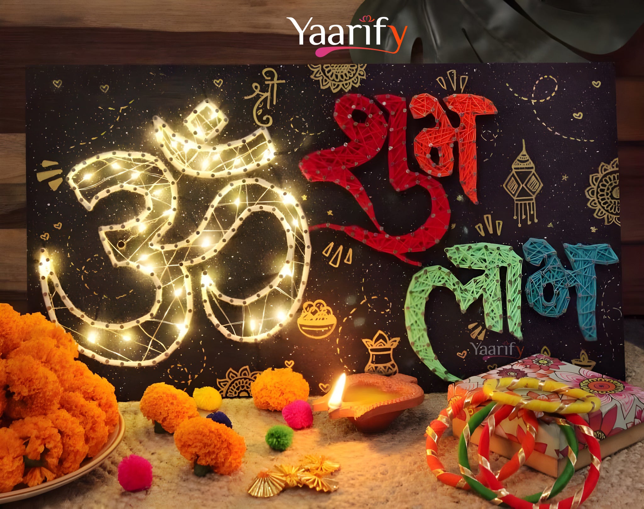 Om Subh Labh Thread Art Board With Light - Festive Home Décor