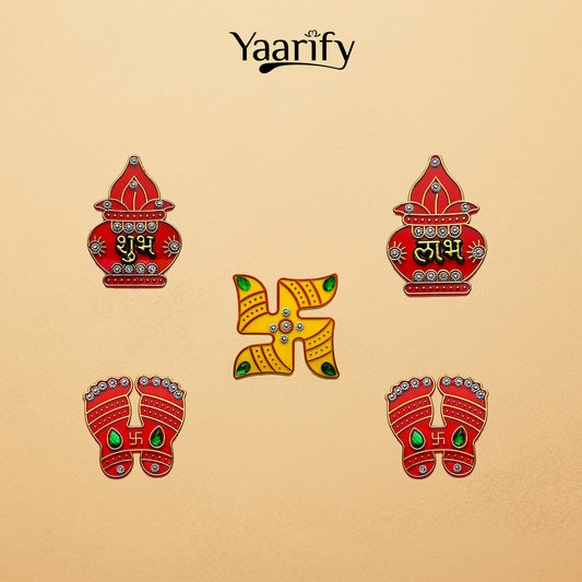 GOLD PLATED LORD WITH ACRYLIC SUBH LABH SWASTIK CHARAN PADUKA COMBO 6PC SET(Diwali Special)Y02